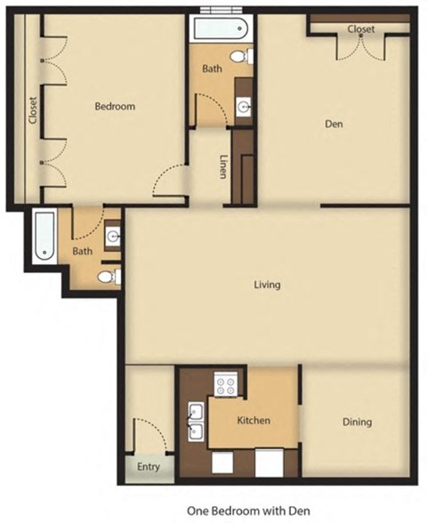 Floor plan for 1 bed, 2 baths, 900 sqft